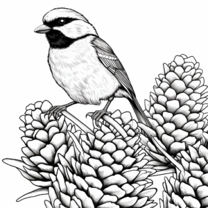Black Capped Chickadee and Pine Cones Coloring Pages 2