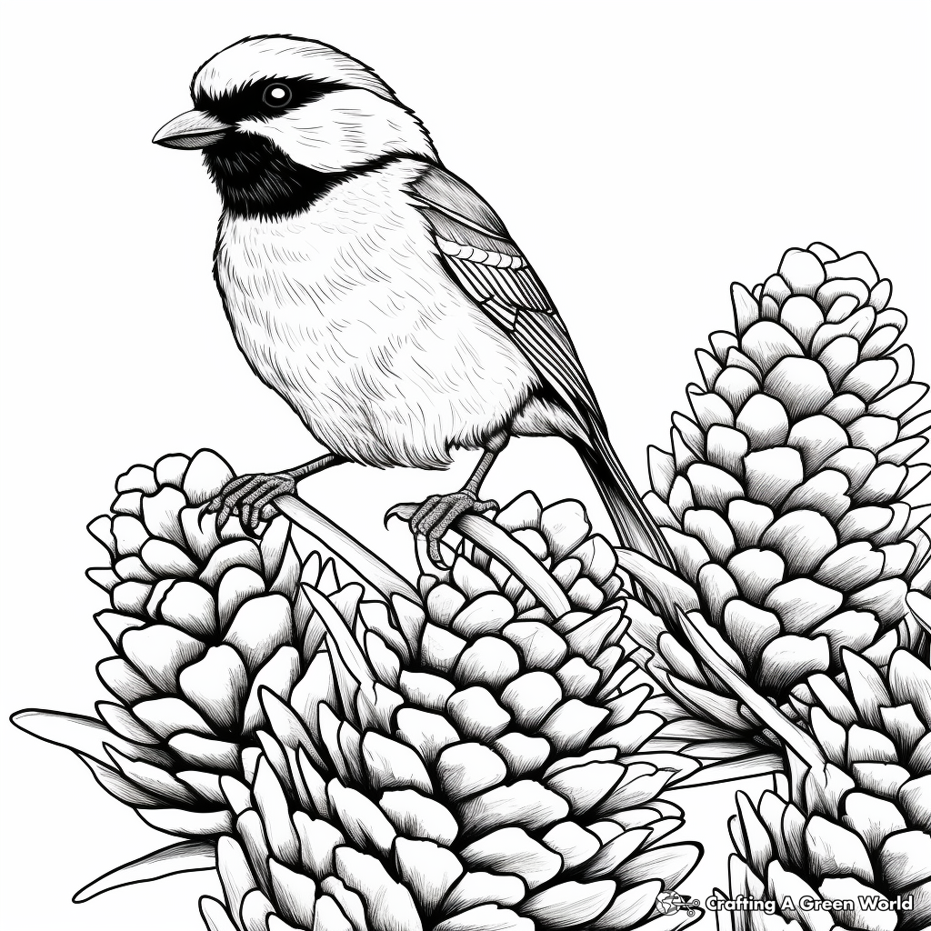 Black Capped Chickadee and Pine Cones Coloring Pages 2