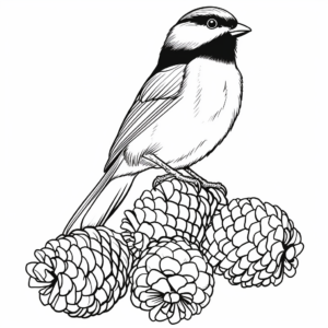 Black Capped Chickadee and Pine Cones Coloring Pages 4
