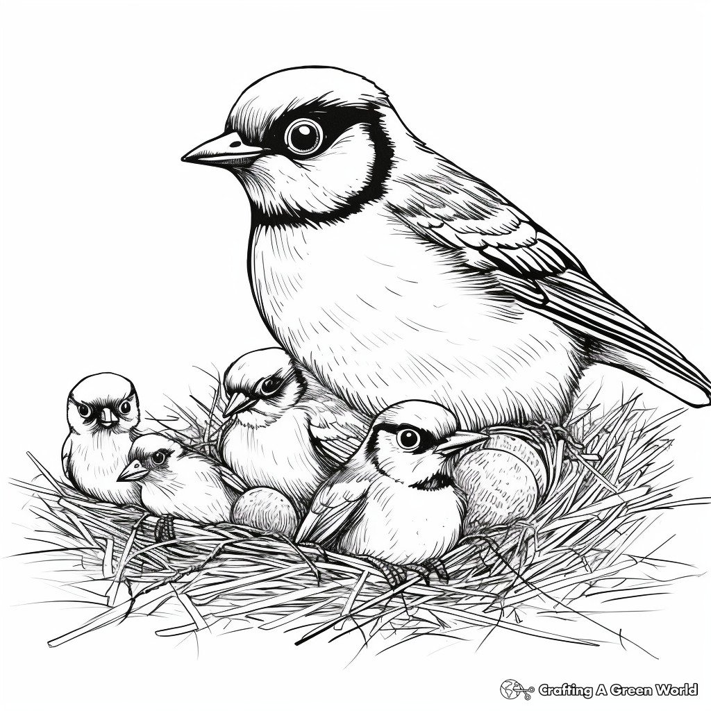Blue Jay Family Coloring Pages: Male, Female, and Chicks 1