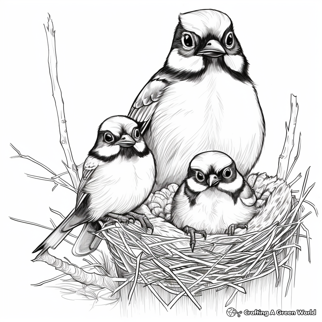 Blue Jay Family Coloring Pages: Male, Female, and Chicks 2