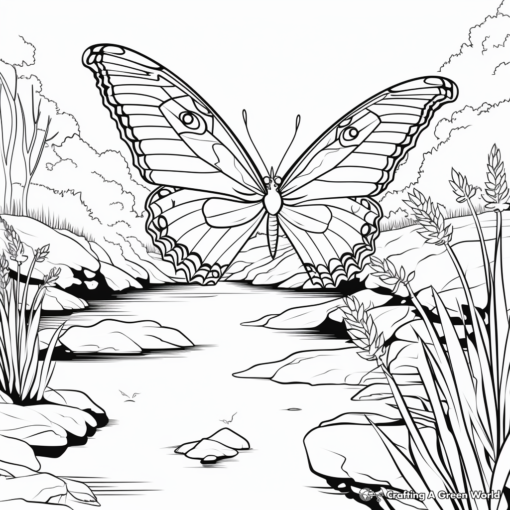 Blue Morpho Butterfly in Nature Scene Coloring Pages 1
