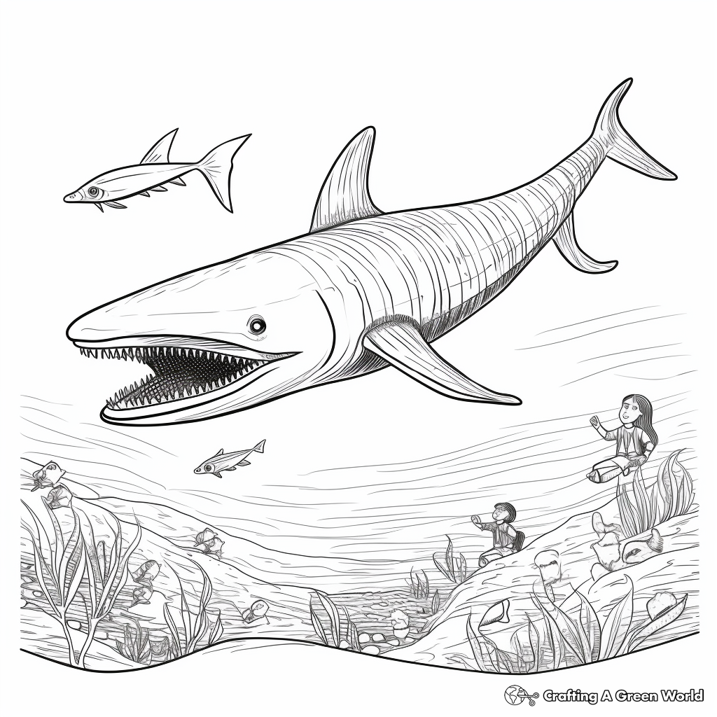 Blue Whale and Divers Interaction Coloring Pages 2