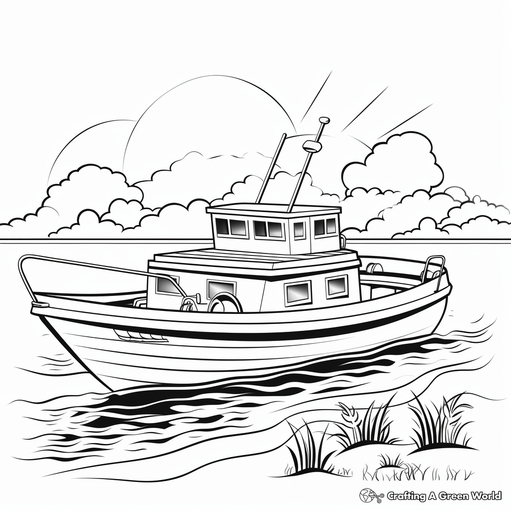 Boat Scene with Sunset Coloring Pages 2