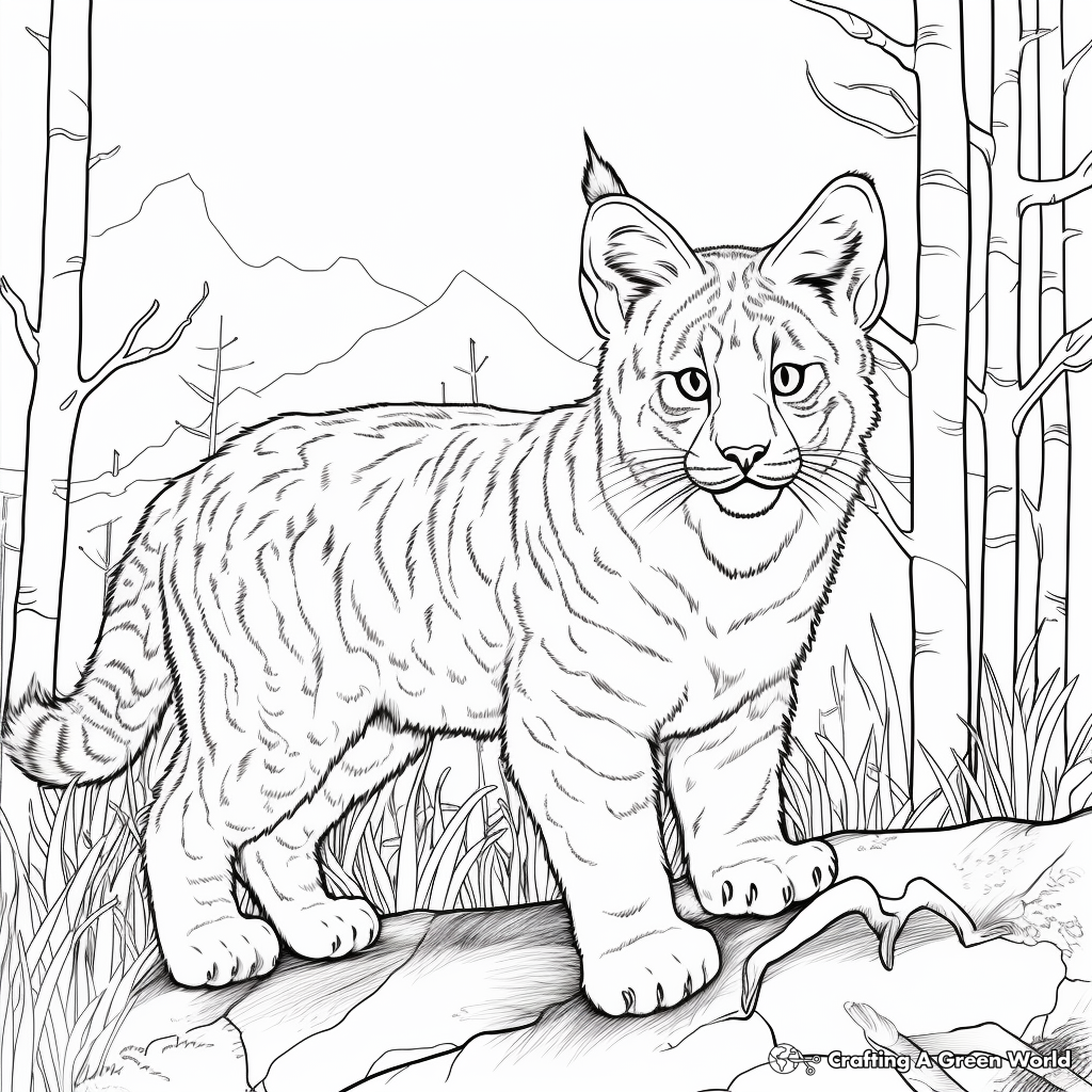 Bobcat in the Forest: Detailed Landscape Coloring Pages 1