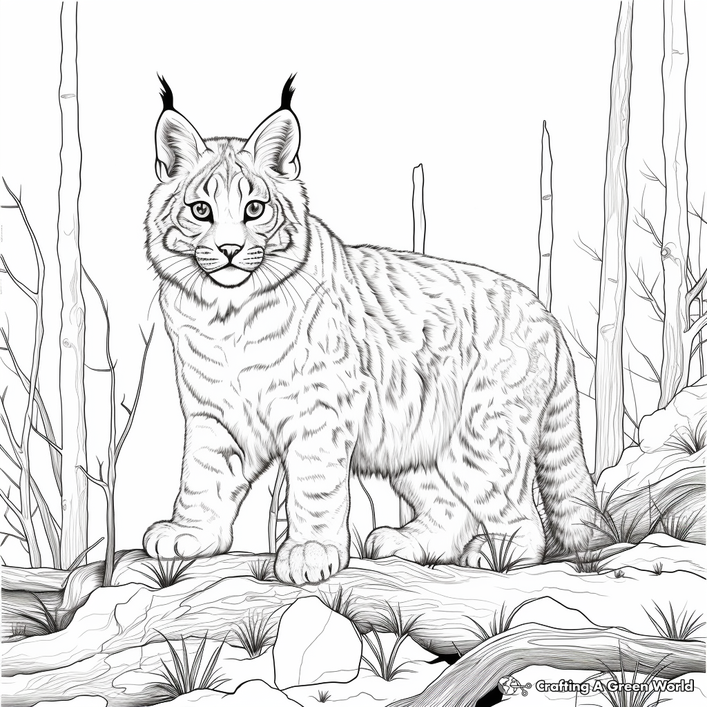Bobcat in the Forest: Detailed Landscape Coloring Pages 2