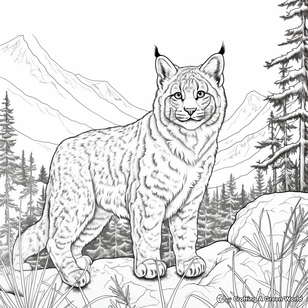 Bobcat in the Forest: Detailed Landscape Coloring Pages 3