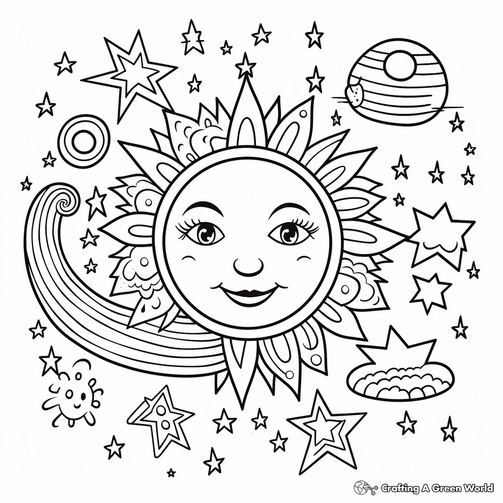 Boho Rainbow with Stars and Moons Coloring Pages 1