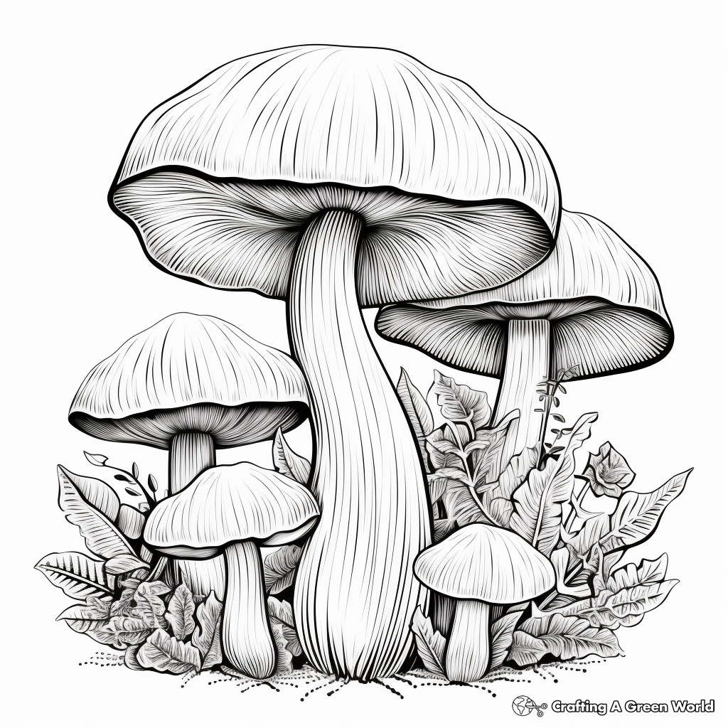Botanical-Style Organic Mushroom Coloring Pages 1
