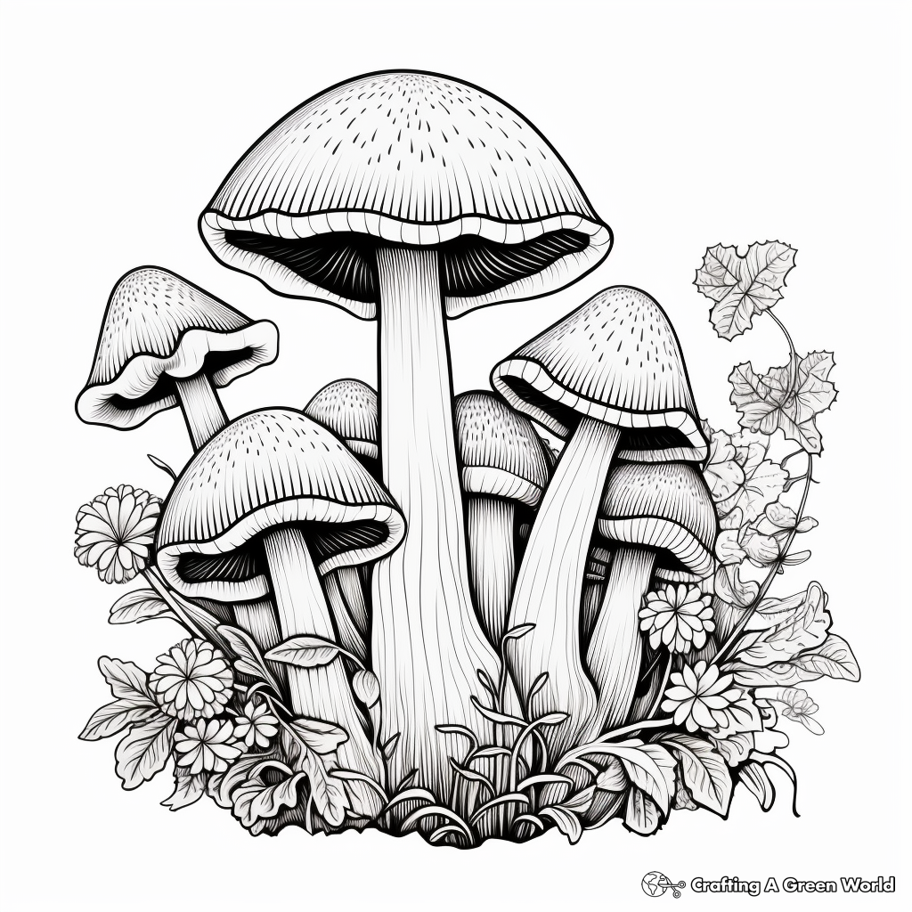 Botanical-Style Organic Mushroom Coloring Pages 3