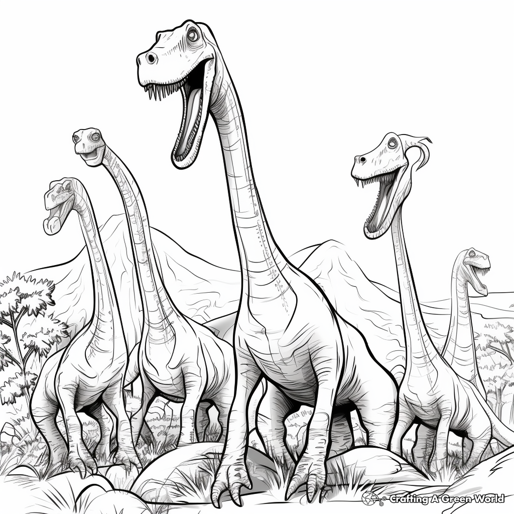 Brachiosaurus vs. Velociraptors: Long-neck Defense Coloring Pages 1
