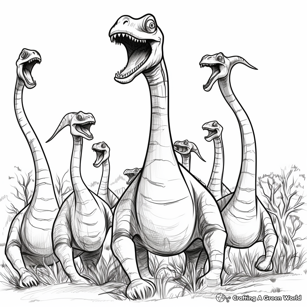 Brachiosaurus vs. Velociraptors: Long-neck Defense Coloring Pages 4