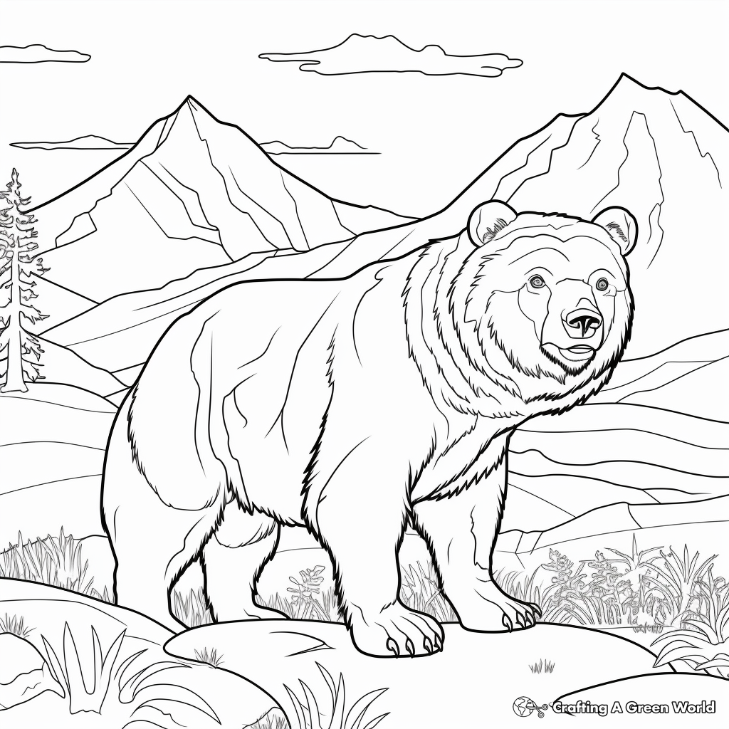 Breathtaking Grizzly Bear in the Mountains Coloring Pages 2