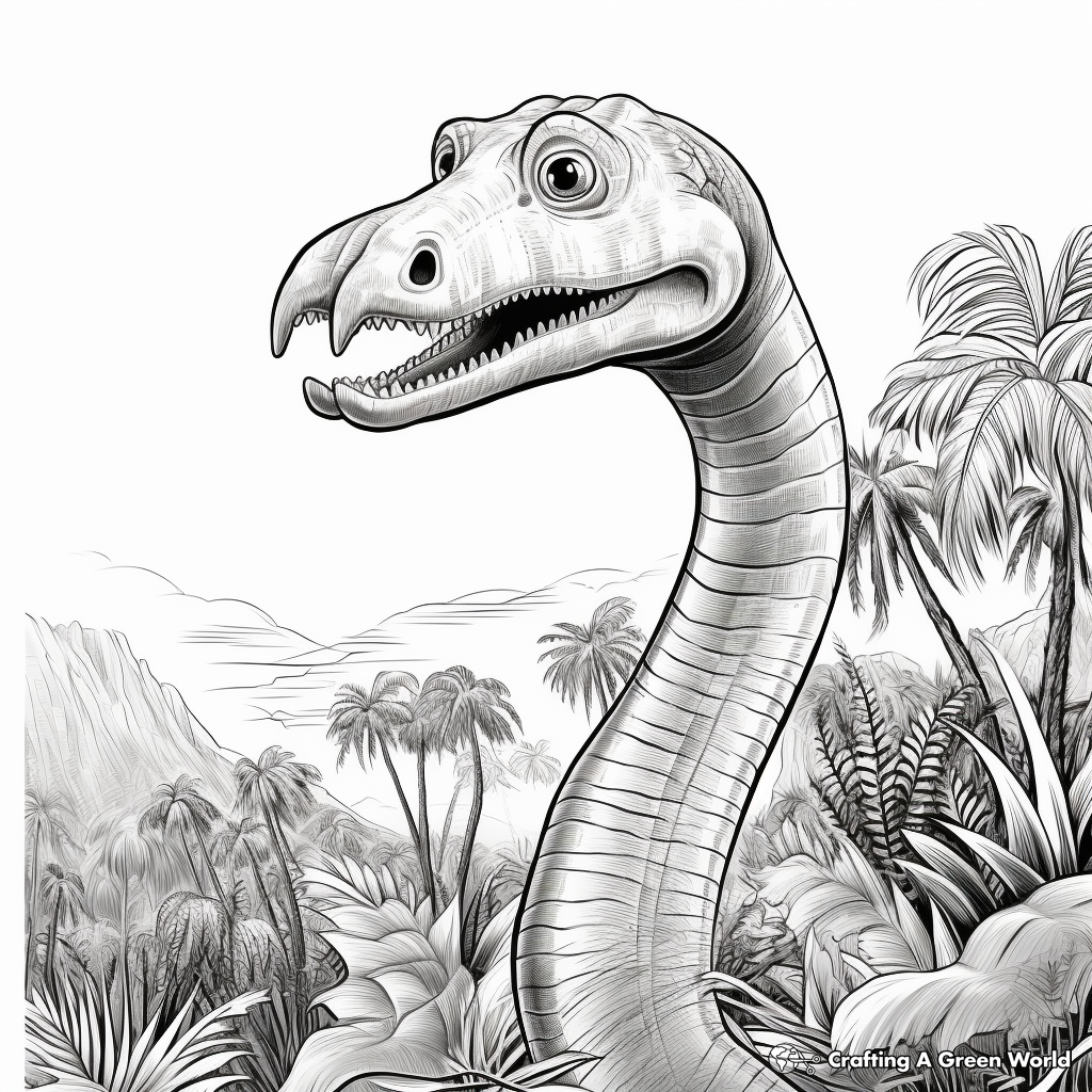 Brontosaurus Head in Nature: Jungle-Scene Coloring Pages 2