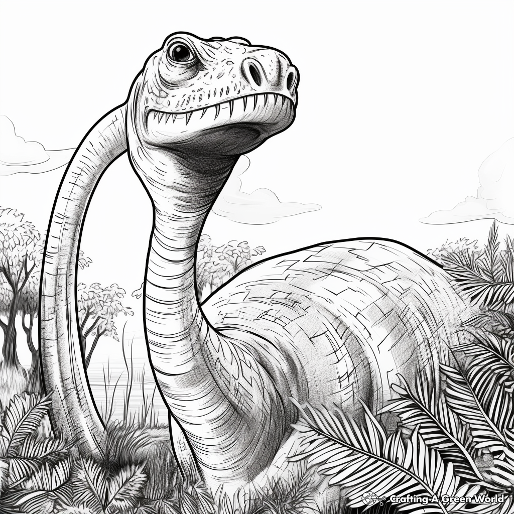 Brontosaurus Head in Nature: Jungle-Scene Coloring Pages 3