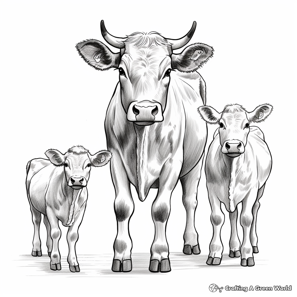 Bucking Bull Family Coloring Pages: Bull, Calf, and Cow 1