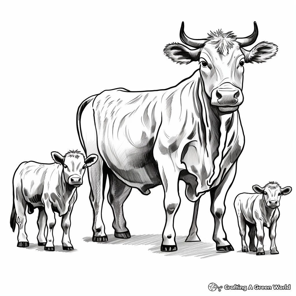 Bucking Bull Family Coloring Pages: Bull, Calf, and Cow 3