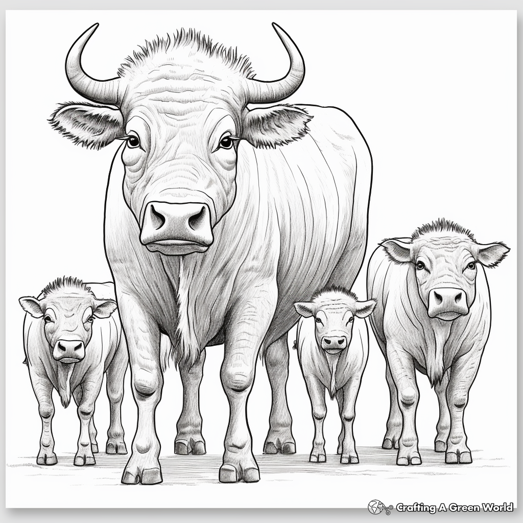 Buffalo Family Coloring Pages: Male, Female, and Calves 1
