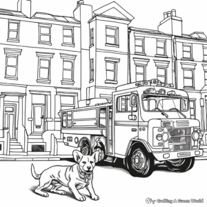 Busy Fire Station Coloring Pages: Fire Engine, Fire Fighters, and Dalmatian 1