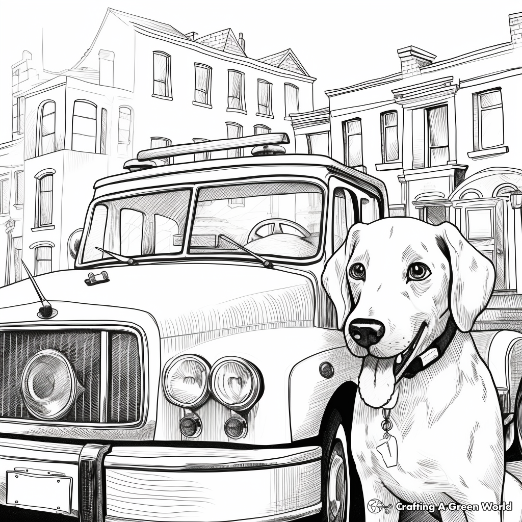 Busy Fire Station Coloring Pages: Fire Engine, Fire Fighters, and Dalmatian 2