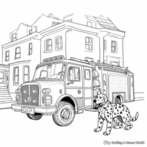Busy Fire Station Coloring Pages: Fire Engine, Fire Fighters, and Dalmatian 4