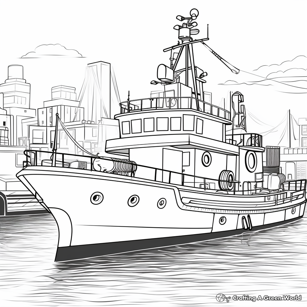 Busy Tugboat at the Dock Coloring Pages 1