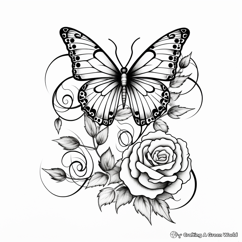 Butterfly among Roses Coloring Pages 3