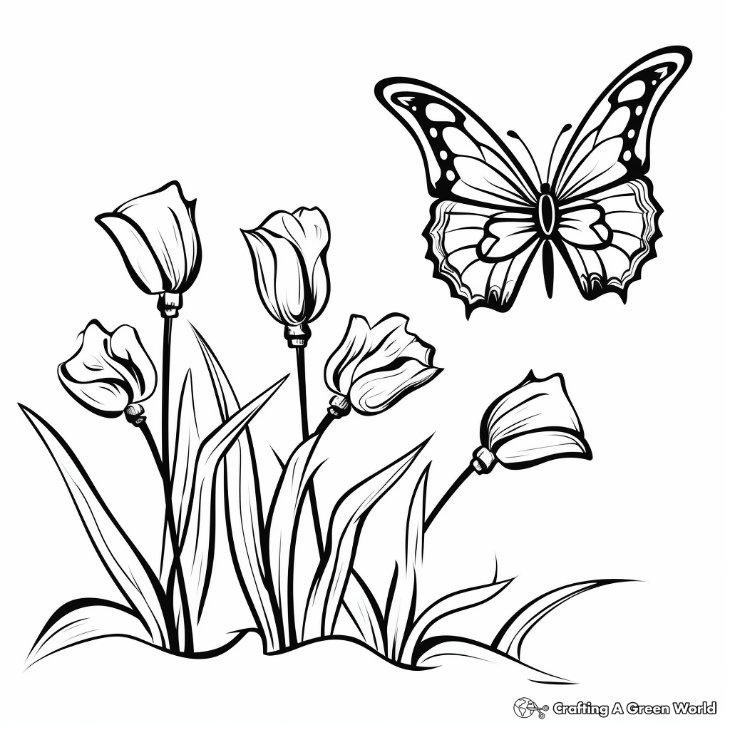 Butterfly Landing on a Tulip Coloring Page 1