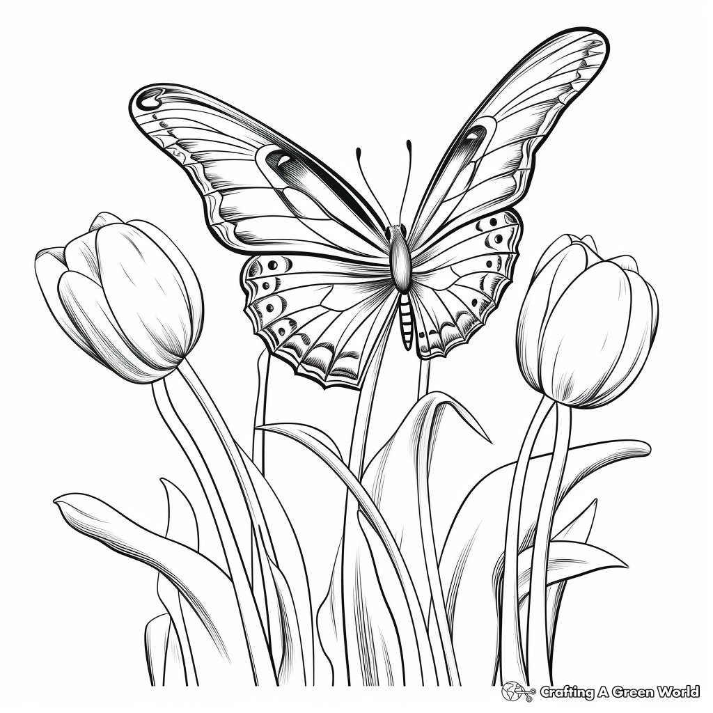Butterfly Landing on a Tulip Coloring Page 2