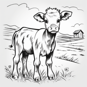 Calf in the Pasture: Country Scene Coloring Pages 1