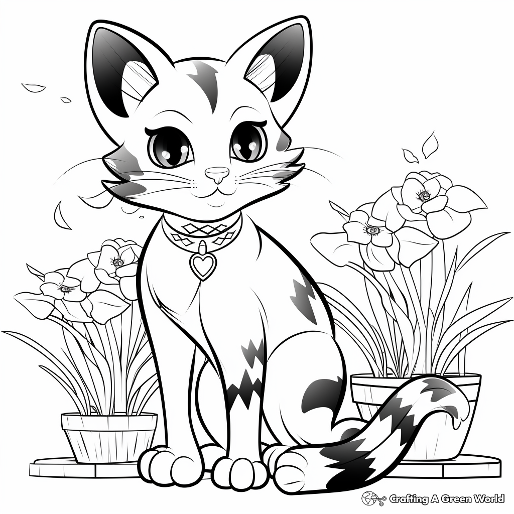 Calico Cat in a Beautiful Garden Setting Coloring Page 1
