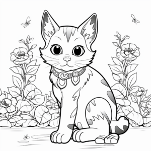 Calico Cat in a Beautiful Garden Setting Coloring Page 2