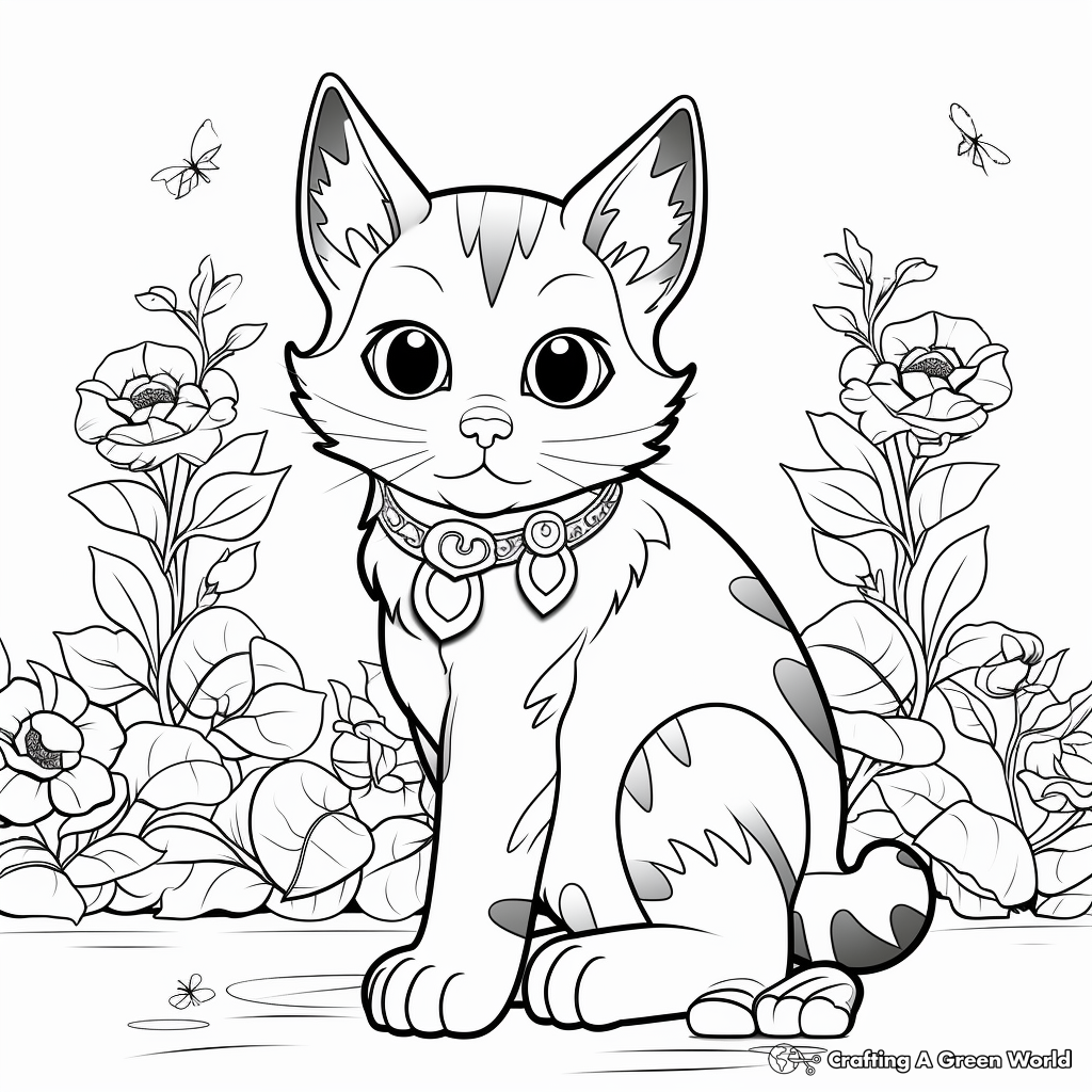 Calico Cat in a Beautiful Garden Setting Coloring Page 2
