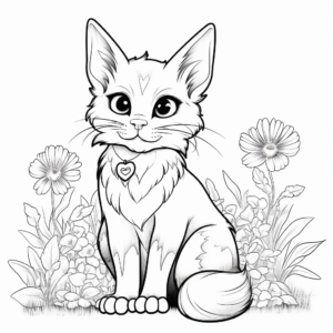 Calico Cat in a Beautiful Garden Setting Coloring Page 3