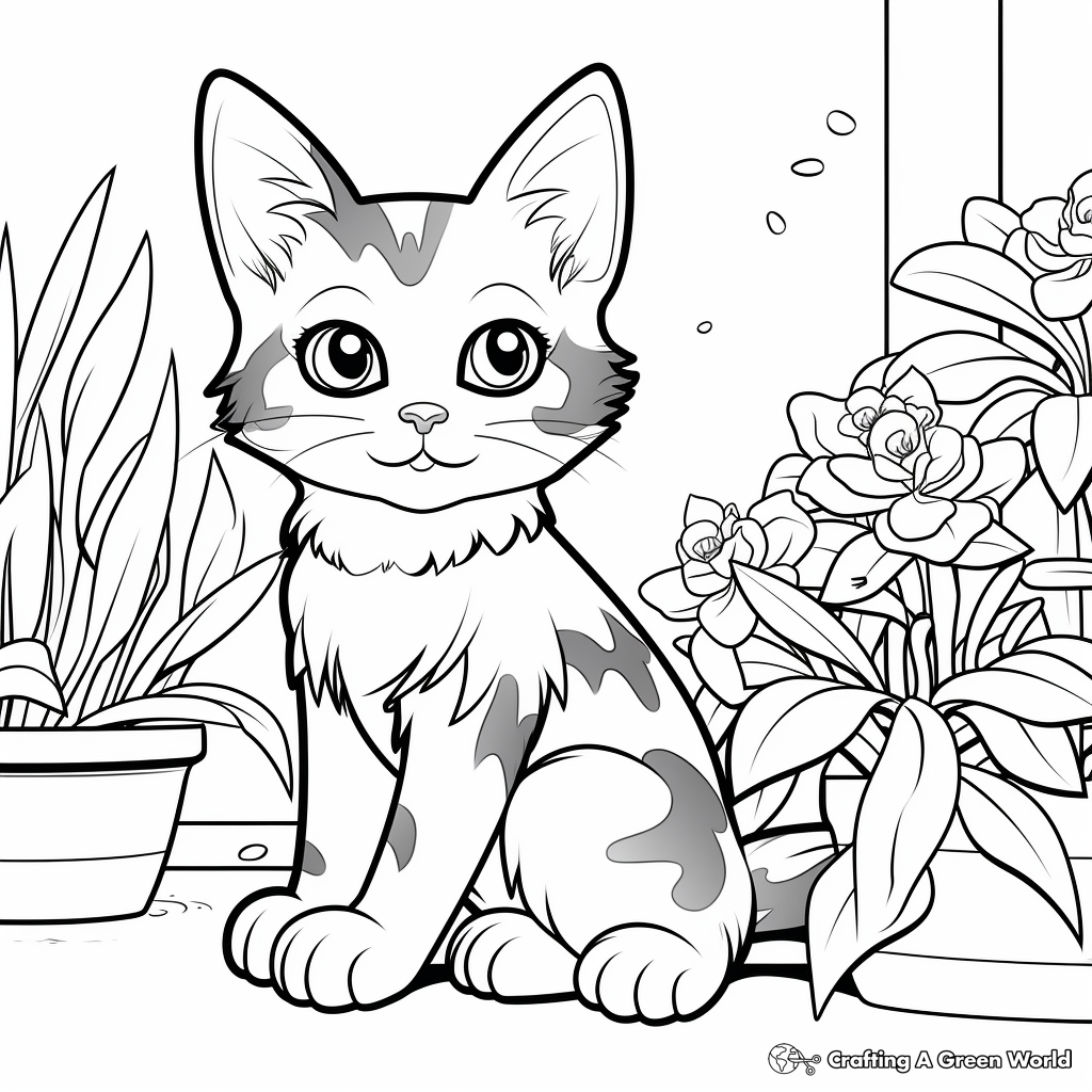 Calico Cat in a Beautiful Garden Setting Coloring Page 4