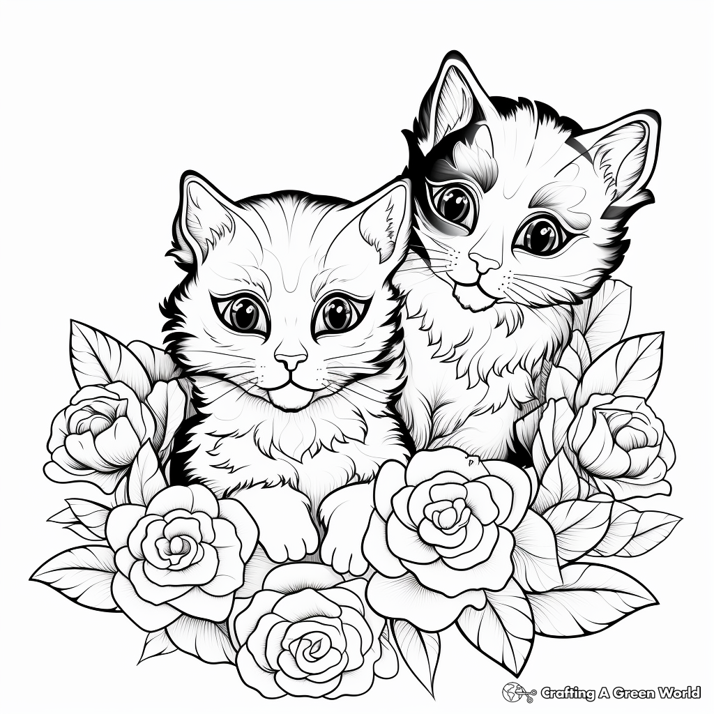 Calico Cats and Carnation Flower Coloring Pages for Adults 1