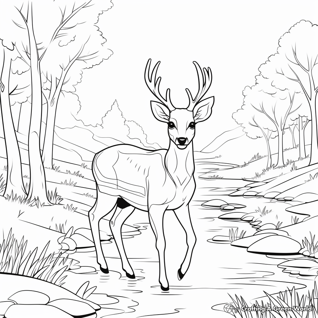 Calm Deer by the Stream Coloring Pages 1