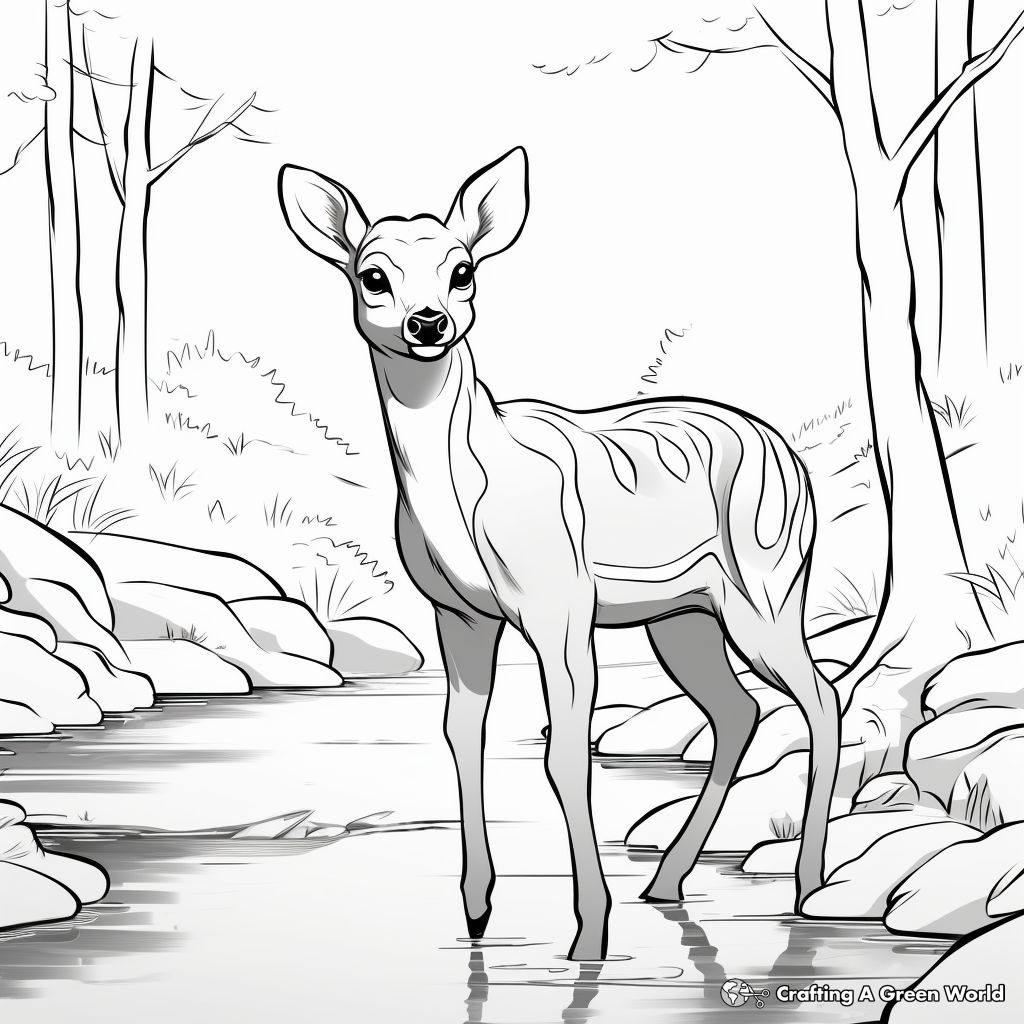 Calm Deer by the Stream Coloring Pages 2