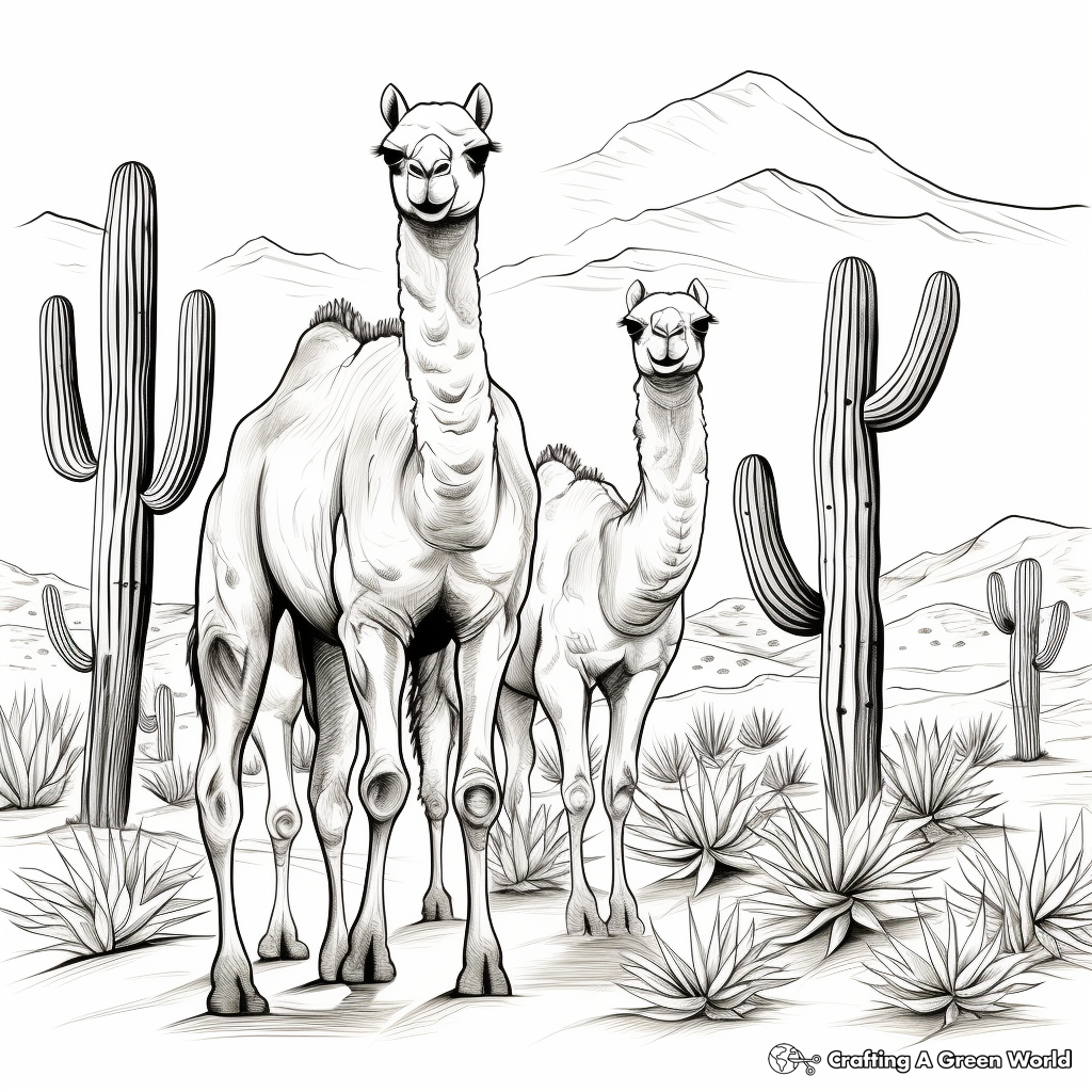 Camels and Cactus: Desert Scene Coloring Pages 1