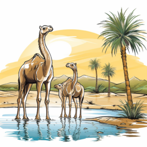 Camels Grazing Coloring Pages: Oasis Scene 1