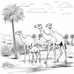 Camels Grazing Coloring Pages: Oasis Scene 3