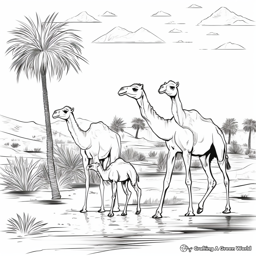 Camels Grazing Coloring Pages: Oasis Scene 3