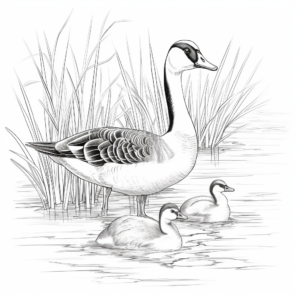 Canada Geese in their Natural Habitat: Pond-Scene Coloring Pages 1
