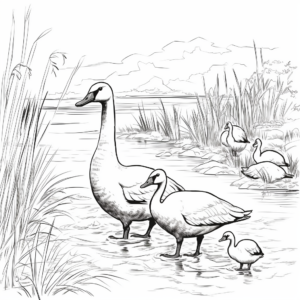 Canada Geese in their Natural Habitat: Pond-Scene Coloring Pages 2