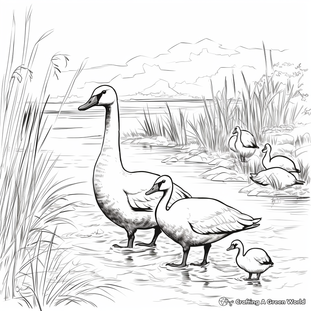 Canada Geese in their Natural Habitat: Pond-Scene Coloring Pages 2