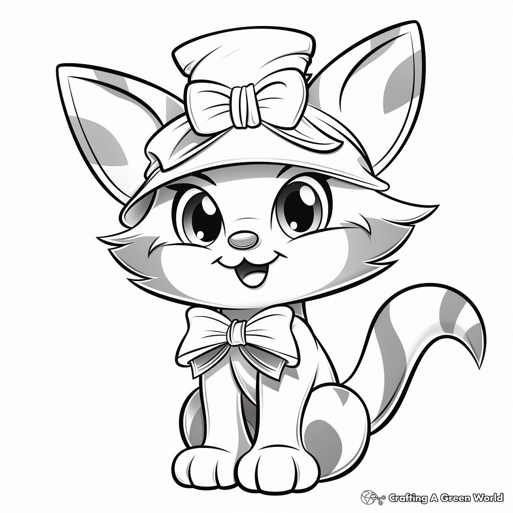 Cartoon-styled Cat with Bow Coloring Pages for Kids 1