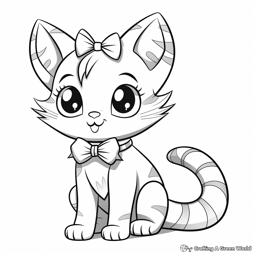 Cartoon-styled Cat with Bow Coloring Pages for Kids 3