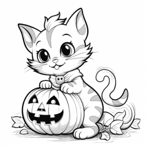 Cat and Pumpkin Halloween Coloring Pages 1