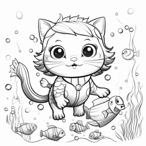 Cat Bee Under the Sea: Mermaid Cat Bee Coloring Pages 1