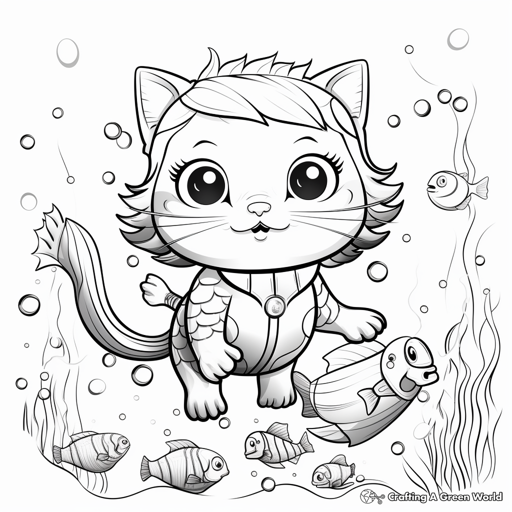 Cat Bee Under the Sea: Mermaid Cat Bee Coloring Pages 1